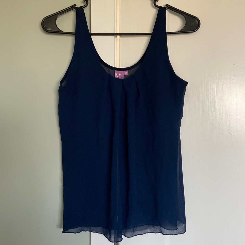 Sleeveless top, navy blue, chiffon like fabric, pleats detail front, fits size S
